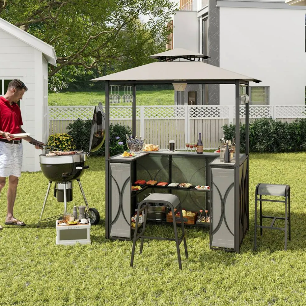 3-Piece Patio Bar Set Grill Gazebo & 2 Bar Stools with Tempered Glass Bar Table