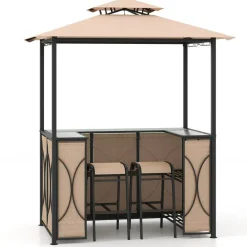 3-Piece Patio Bar Set Grill Gazebo & 2 Bar Stools with Tempered Glass Bar Table
