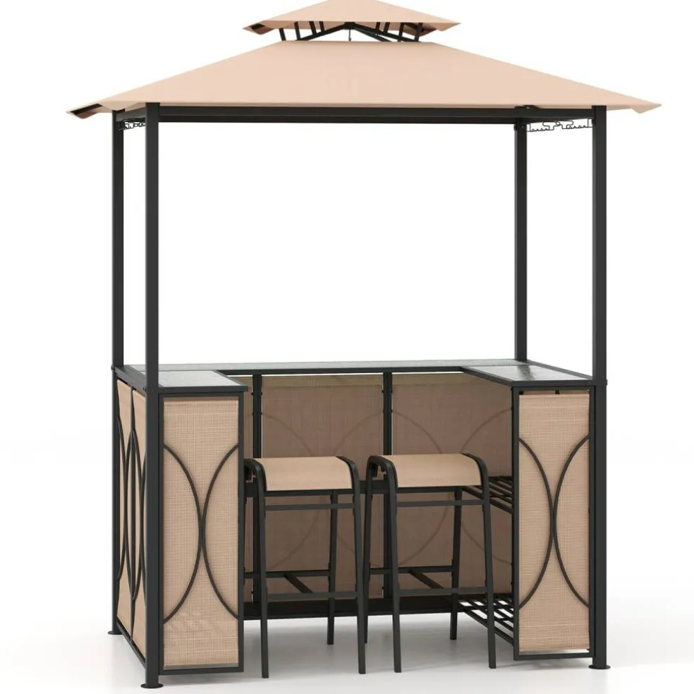 3-Piece Patio Bar Set Grill Gazebo & 2 Bar Stools with Tempered Glass Bar Table