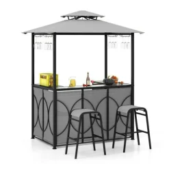 3-Piece Patio Bar Set Grill Gazebo & 2 Bar Stools with Tempered Glass Bar Table