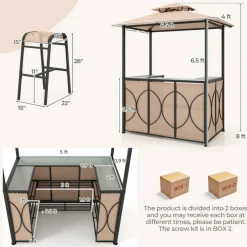 3-Piece Patio Bar Set Grill Gazebo & 2 Bar Stools with Tempered Glass Bar Table