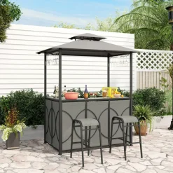 3-Piece Patio Bar Set Grill Gazebo & 2 Bar Stools with Tempered Glass Bar Table