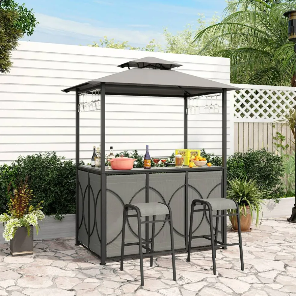 3-Piece Patio Bar Set Grill Gazebo & 2 Bar Stools with Tempered Glass Bar Table