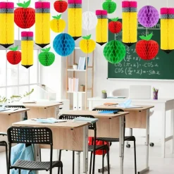 27-Piece Pencil & Apple Hanging Honeycomb Decoration Set – Pre-Assembled Classroom Decor for Welcome Back to School, Teacher Appreciation Week, and First Day of School Party Supplies