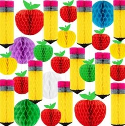 27-Piece Pencil & Apple Hanging Honeycomb Decoration Set – Pre-Assembled Classroom Decor for Welcome Back to School, Teacher Appreciation Week, and First Day of School Party Supplies