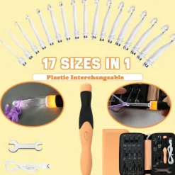 17‑Piece Rechargeable Light‑Up Crochet Hook Set (2.5 mm–14.0 mm) with Carry Case – Illuminated Hooks for Easy Crafting