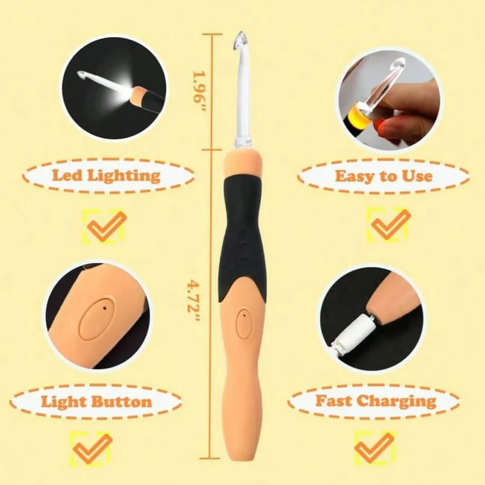 17‑Piece Rechargeable Light‑Up Crochet Hook Set (2.5 mm–14.0 mm) with Carry Case – Illuminated Hooks for Easy Crafting