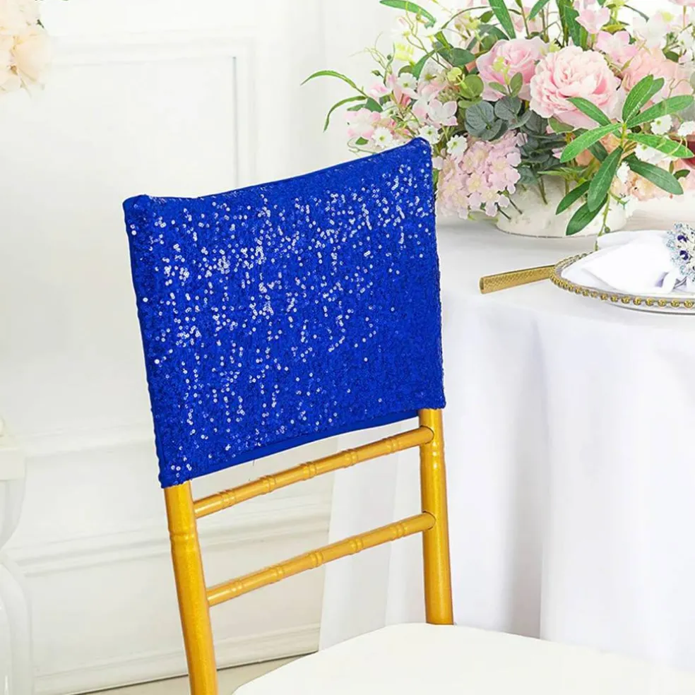 1 Piece Royal Blue Sequin Spandex Chair Cap 13.5 inch by 10 inch Reception Decor