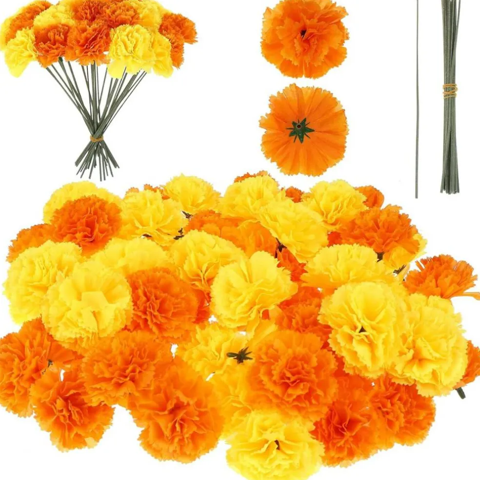 60 Pieces Artificial Marigold Flower Heads with Stems (Gold and Orange)
