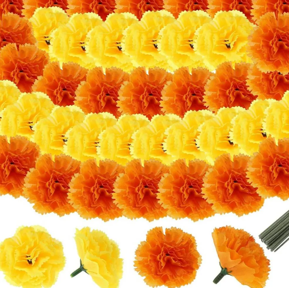60 Pieces Artificial Marigold Flower Heads with Stems (Gold and Orange)