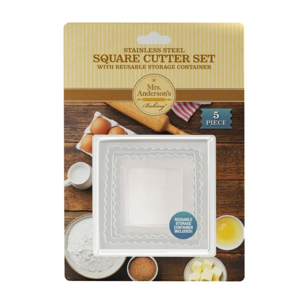 5 Pieces Baking Cookie Fondant Cutters, Graduated Squares, Stainless Steel,Set with Storage Container