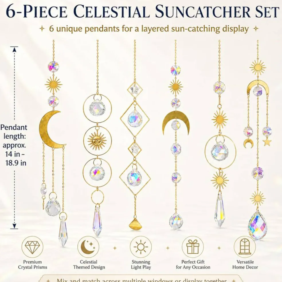 6Pieces Colorful Crystals Suncatcher Hanging Sun Catcher with Chain