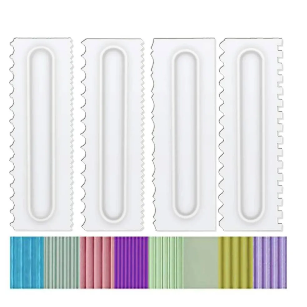 4 Pieces Decorating Comb and Icing Smoother Set Decorating Mousse Butter Cream Cake Edge Tools, Plastic Sawtooth Cake Scraper Polisher 8 Design Textures-White