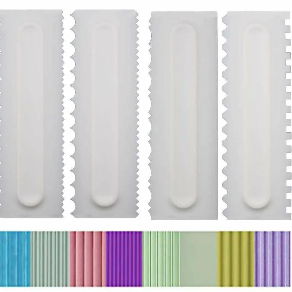 4 Pieces Decorating Comb and Icing Smoother Set Decorating Mousse Butter Cream Cake Edge Tools, Plastic Sawtooth Cake Scraper Polisher 8 Design Textures-White