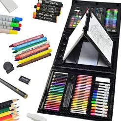 185 Pieces Double Sided Trifold Easel Art Set, Drawing Art Box with Oil Pastels, Crayons, Colored Pencils, Markers, Paint Brush, Watercolor Cakes, Sketch Pad