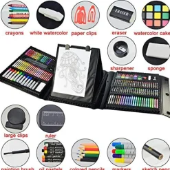 185 Pieces Double Sided Trifold Easel Art Set, Drawing Art Box with Oil Pastels, Crayons, Colored Pencils, Markers, Paint Brush, Watercolor Cakes, Sketch Pad