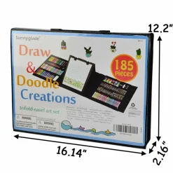 185 Pieces Double Sided Trifold Easel Art Set, Drawing Art Box with Oil Pastels, Crayons, Colored Pencils, Markers, Paint Brush, Watercolor Cakes, Sketch Pad