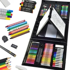 185 Pieces Double Sided Trifold Easel Art Set, Drawing Art Box with Oil Pastels, Crayons, Colored Pencils, Markers, Paint Brush, Watercolor Cakes, Sketch Pad