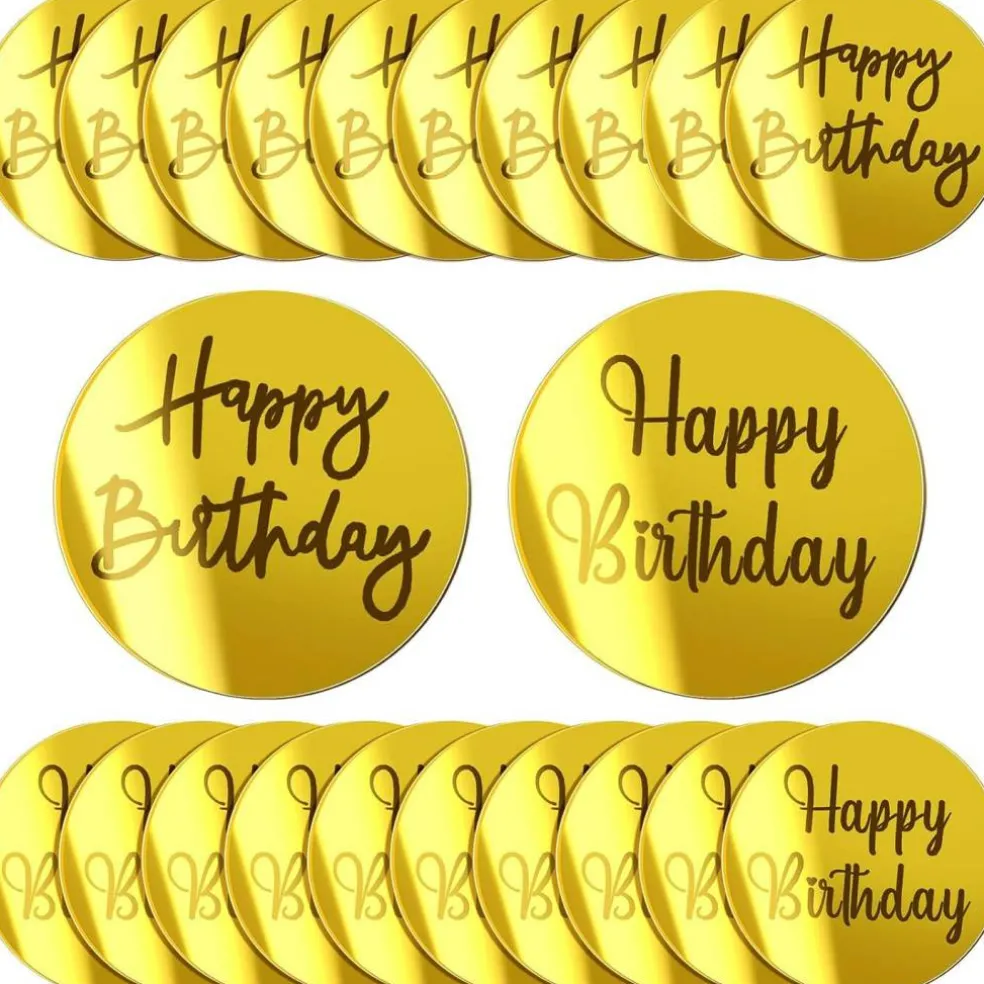 20 Pieces Gold Acrylic Cake Toppers – Mirror Round Engraved Cupcake Discs for DIY Birthday Cupcake Decorations