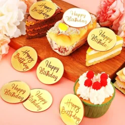 20 Pieces Gold Acrylic Cake Toppers – Mirror Round Engraved Cupcake Discs for DIY Birthday Cupcake Decorations