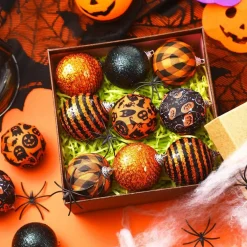 12 Pieces Halloween Ornament for Tree Halloween Day Ball Ornament Glitter Ghost Black Orange Ball Tree Decoration for Party Hanging Decor
