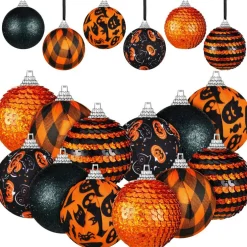 12 Pieces Halloween Ornament for Tree Halloween Day Ball Ornament Glitter Ghost Black Orange Ball Tree Decoration for Party Hanging Decor