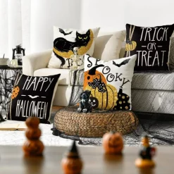 4 Pieces Happy Halloween Boo Black Cat Trick or Treat Throw Pillow Covers, 18 x 18 Inch Spooky Pumpkin Bat Cushion Case for Sofa Couch