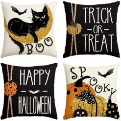4 Pieces Happy Halloween Boo Black Cat Trick or Treat Throw Pillow Covers, 18 x 18 Inch Spooky Pumpkin Bat Cushion Case for Sofa Couch