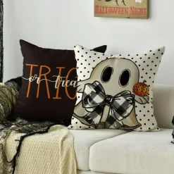 4 Pieces Happy Halloween Cute Ghost Trick or Treat Throw Pillow Covers, 18 x 18 Inch Polka Dot Pumpkin Bat Cushion Case for Sofa Couch , Black