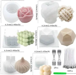 6-Piece Silicone Candle Mold Set with Wicks & Tools – 3D Heart, Diamond, Flower & Onion Soy Wax Molds – Food Grade, Heat-Resistant DIY Candle Making Kit for Soap, Cake & Desserts
