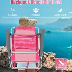 2 Pieces 5-Position Reclining Outdoor Folding Chairs with Cup Holder and Extra Storage Ideal for Beach or Camping