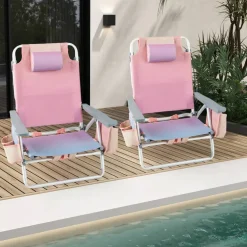 2 Pieces 5-Position Reclining Outdoor Folding Chairs with Cup Holder and Extra Storage Ideal for Beach or Camping