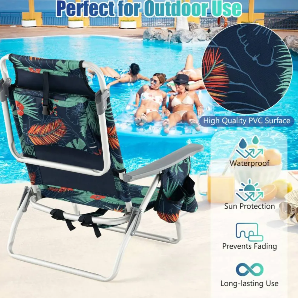 2 Pieces 5-Position Reclining Outdoor Folding Chairs with Cup Holder and Extra Storage Ideal for Beach or Camping