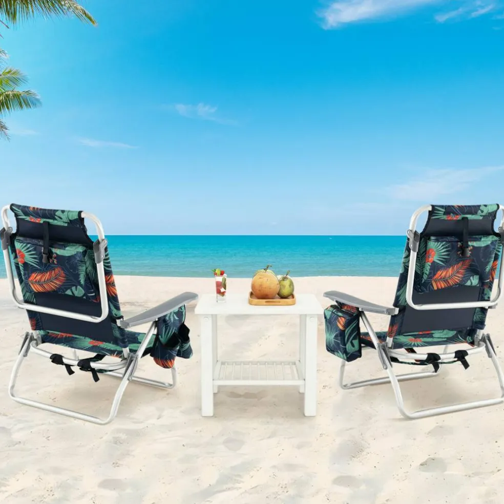 2 Pieces 5-Position Reclining Outdoor Folding Chairs with Cup Holder and Extra Storage Ideal for Beach or Camping