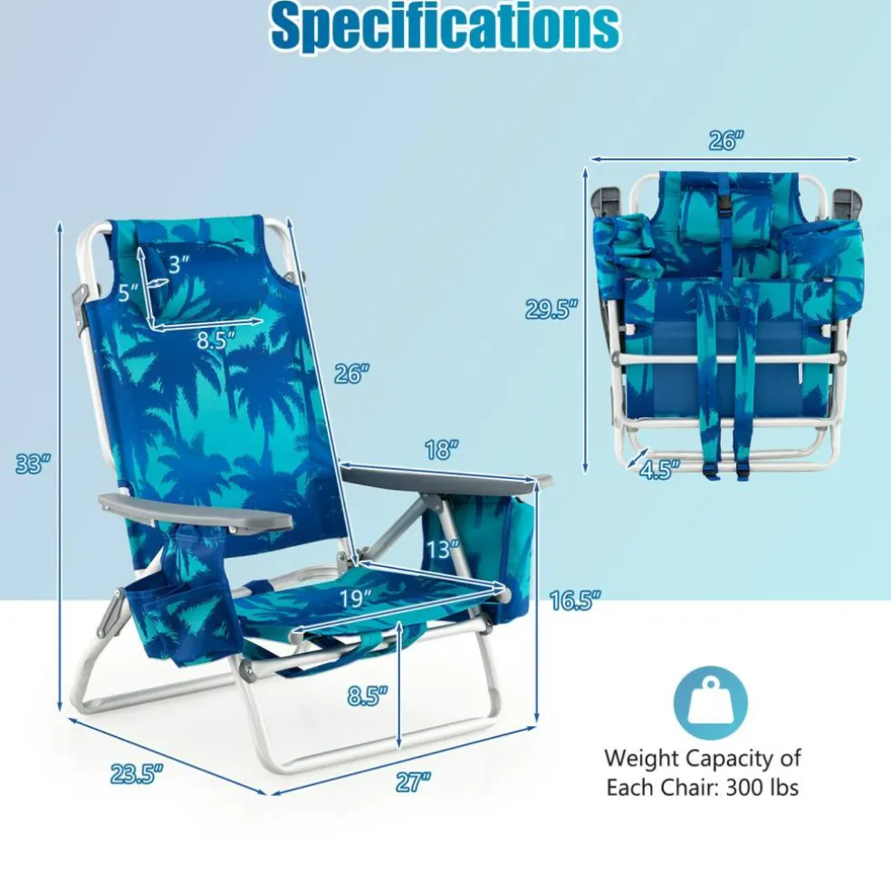 2 Pieces 5-Position Reclining Outdoor Folding Chairs with Cup Holder and Extra Storage Ideal for Beach or Camping