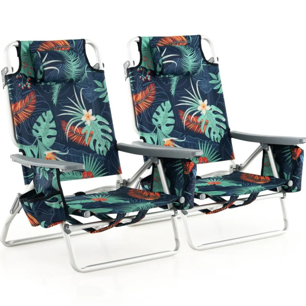 2 Pieces 5-Position Reclining Outdoor Folding Chairs with Cup Holder and Extra Storage Ideal for Beach or Camping