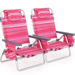 2 Pieces 5-Position Reclining Outdoor Folding Chairs with Cup Holder and Extra Storage Ideal for Beach or Camping