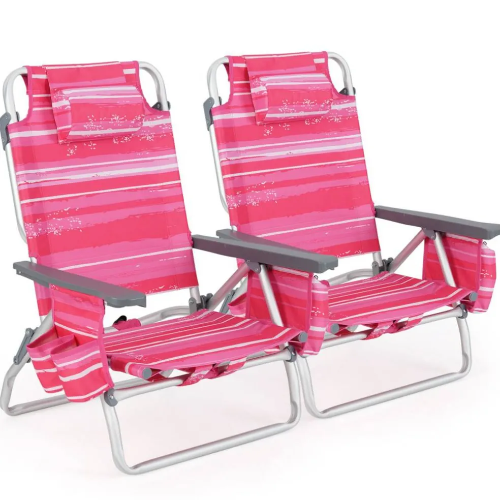 2 Pieces 5-Position Reclining Outdoor Folding Chairs with Cup Holder and Extra Storage Ideal for Beach or Camping