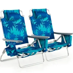 2 Pieces 5-Position Reclining Outdoor Folding Chairs with Cup Holder and Extra Storage Ideal for Beach or Camping
