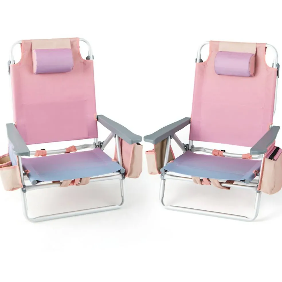 2 Pieces 5-Position Reclining Outdoor Folding Chairs with Cup Holder and Extra Storage Ideal for Beach or Camping