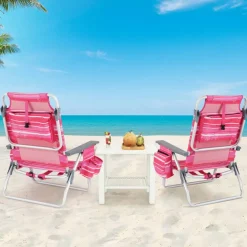 2 Pieces 5-Position Reclining Outdoor Folding Chairs with Cup Holder and Extra Storage Ideal for Beach or Camping