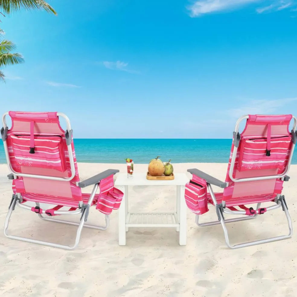 2 Pieces 5-Position Reclining Outdoor Folding Chairs with Cup Holder and Extra Storage Ideal for Beach or Camping
