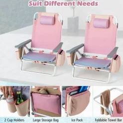 2 Pieces 5-Position Reclining Outdoor Folding Chairs with Cup Holder and Extra Storage Ideal for Beach or Camping