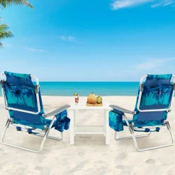 2 Pieces 5-Position Reclining Outdoor Folding Chairs with Cup Holder and Extra Storage Ideal for Beach or Camping