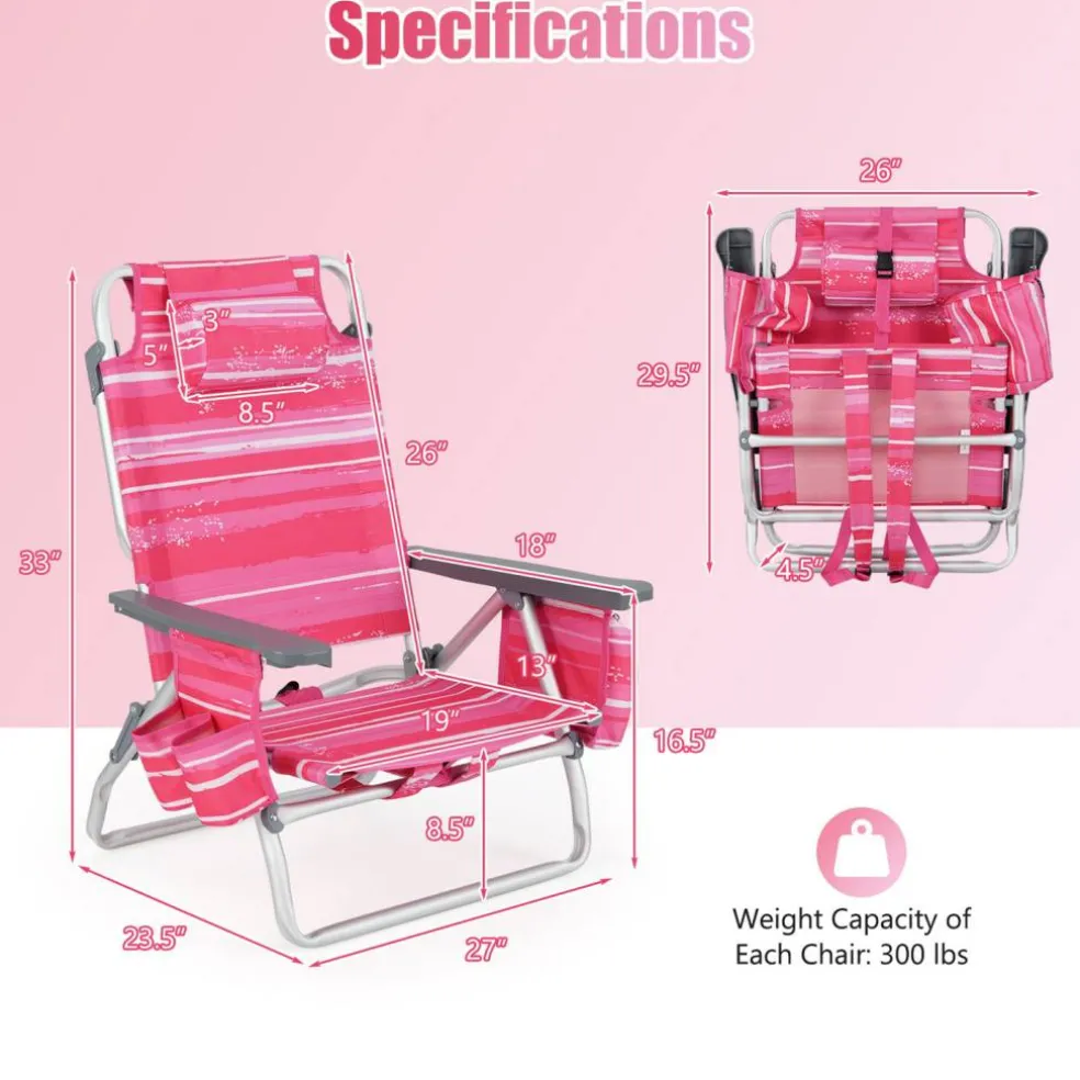 2 Pieces 5-Position Reclining Outdoor Folding Chairs with Cup Holder and Extra Storage Ideal for Beach or Camping