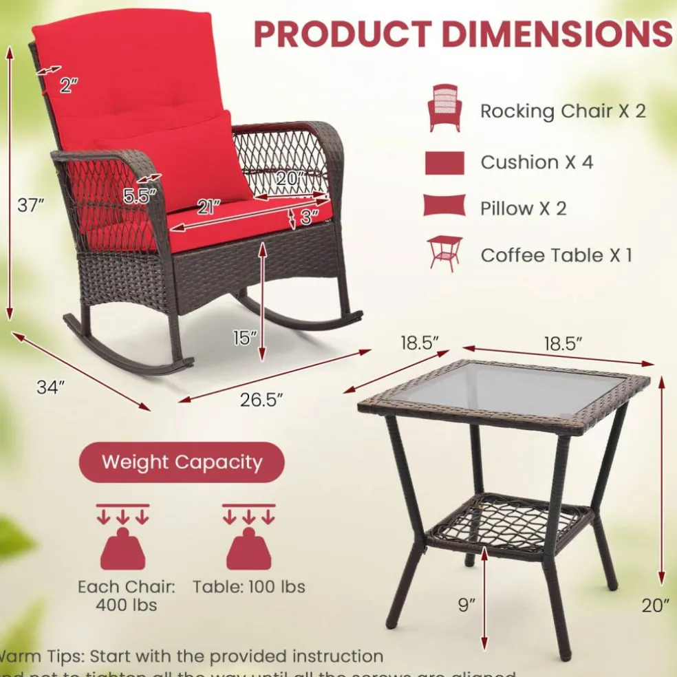 3 Pieces Rocking Bistro Set with 2-Tier Coffee Table