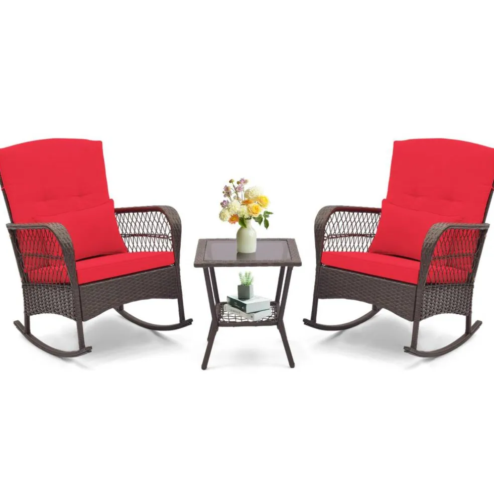 3 Pieces Rocking Bistro Set with 2-Tier Coffee Table