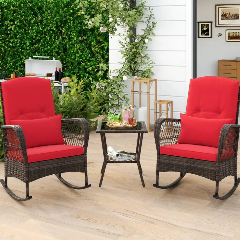 3 Pieces Rocking Bistro Set with 2-Tier Coffee Table