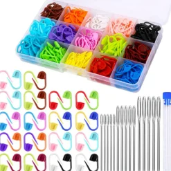 315 Pieces Stitch Markers for Crocheting, Stitch Locking Clip Colorful Knitting Markers Crochet Clips with 15 Pieces Big Eyes Blunt Sewing Needles (2inch/2.3inch/2.7inch)