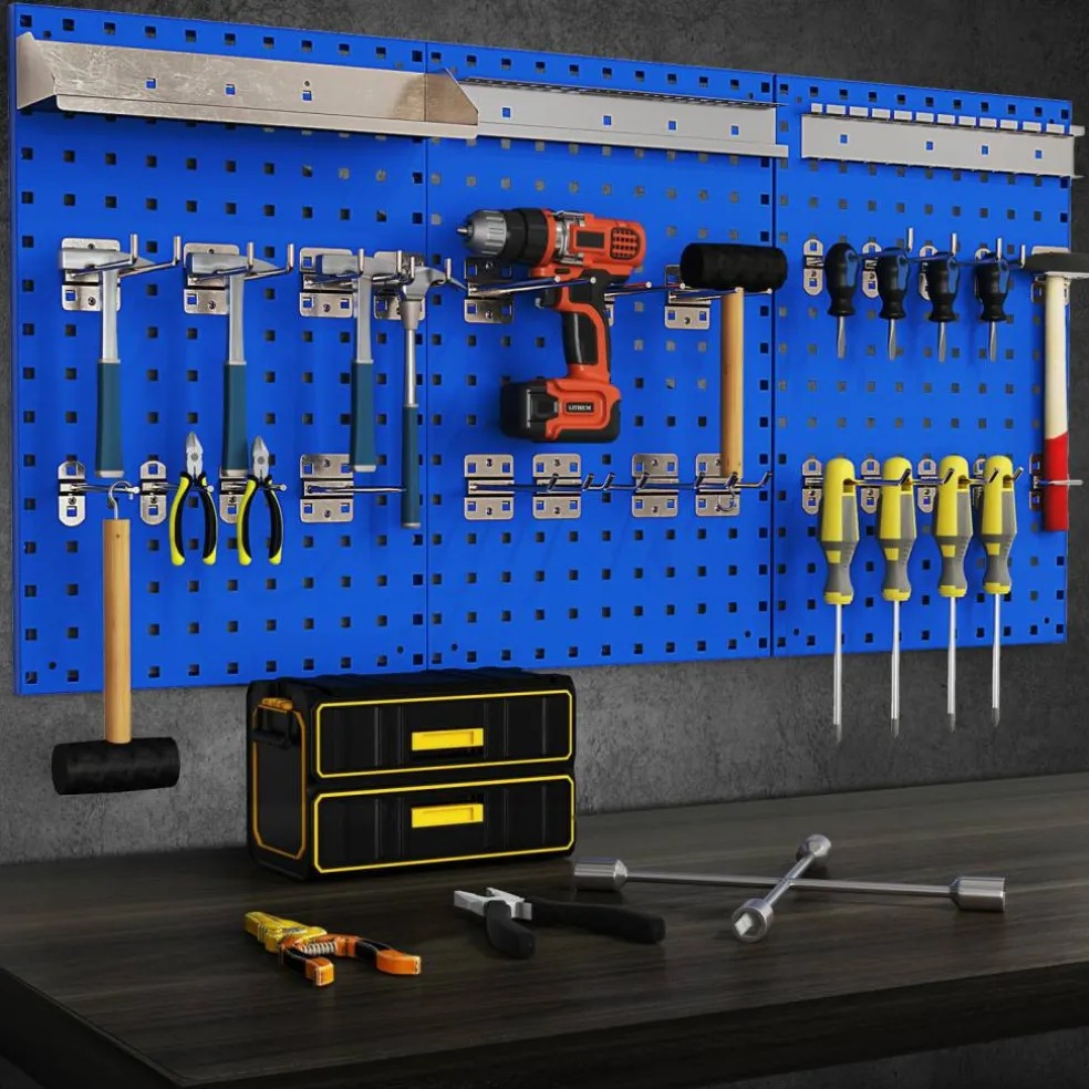 28 Pieces Wall-Mounted Pegboard Kit with 2 Storage Shelf Ideal for Garage Workshop